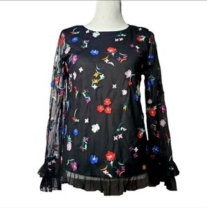 DU JOUR SIZE XS BLACK EMBROIDERED TOP SPRING FLORAL RUFFLES SUMMER BLOUSE‎ GUC